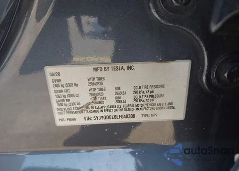 2020 Tesla Model Y Long Range Dual Motor All-Wheel Drive z USA, uszkodzony, nr VIN 5YJYGDEE6LF040308